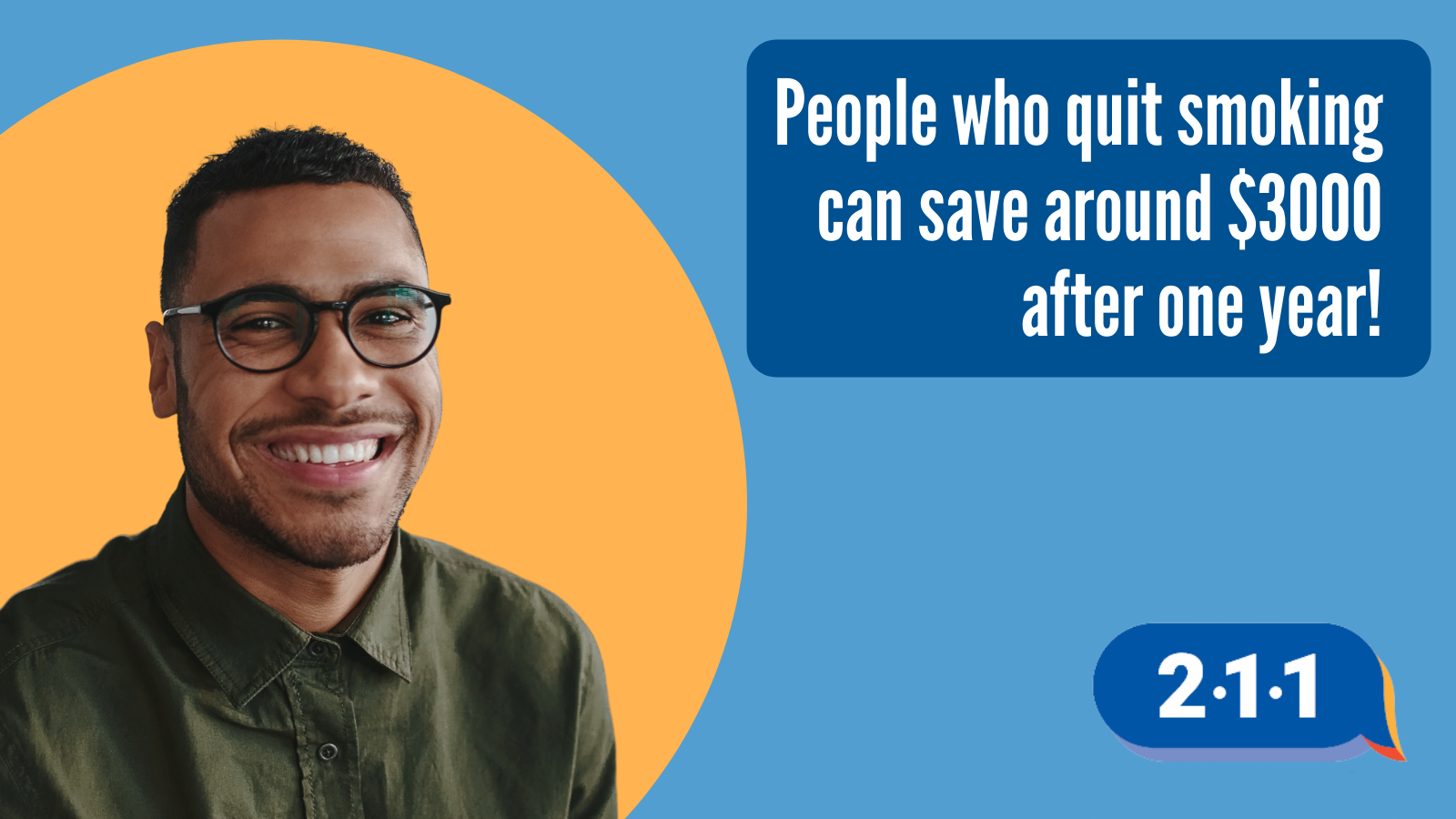 Smiling person and text: People who quit smoking can save around $3000 after one year! 2-1-1